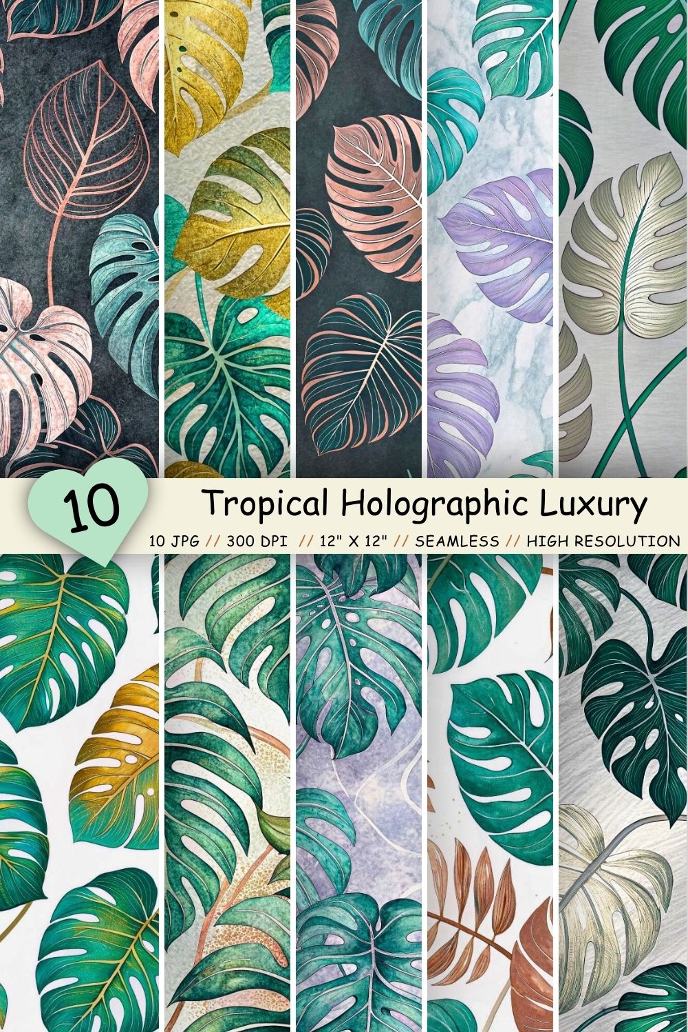 Tropical Holographic Luxury Seamless Pattern – Iridescent Monstera Leaves pinterest preview image.