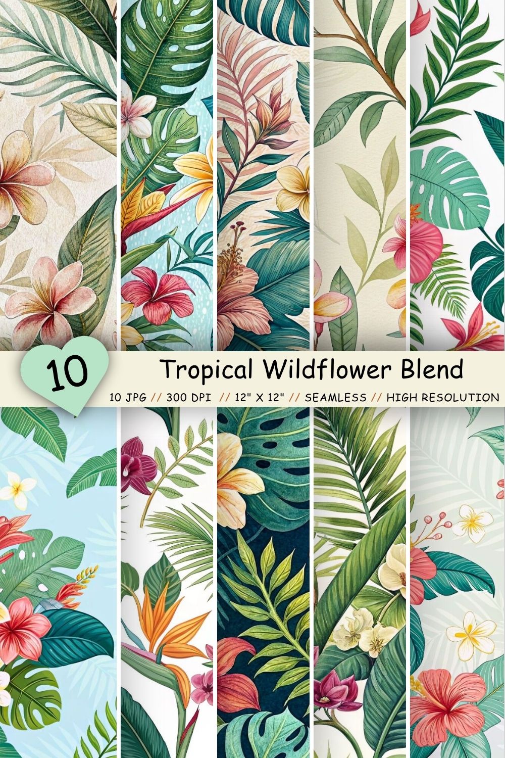 Tropical Wildflower Blend Pattern, Seamless Digital Paper pinterest preview image.