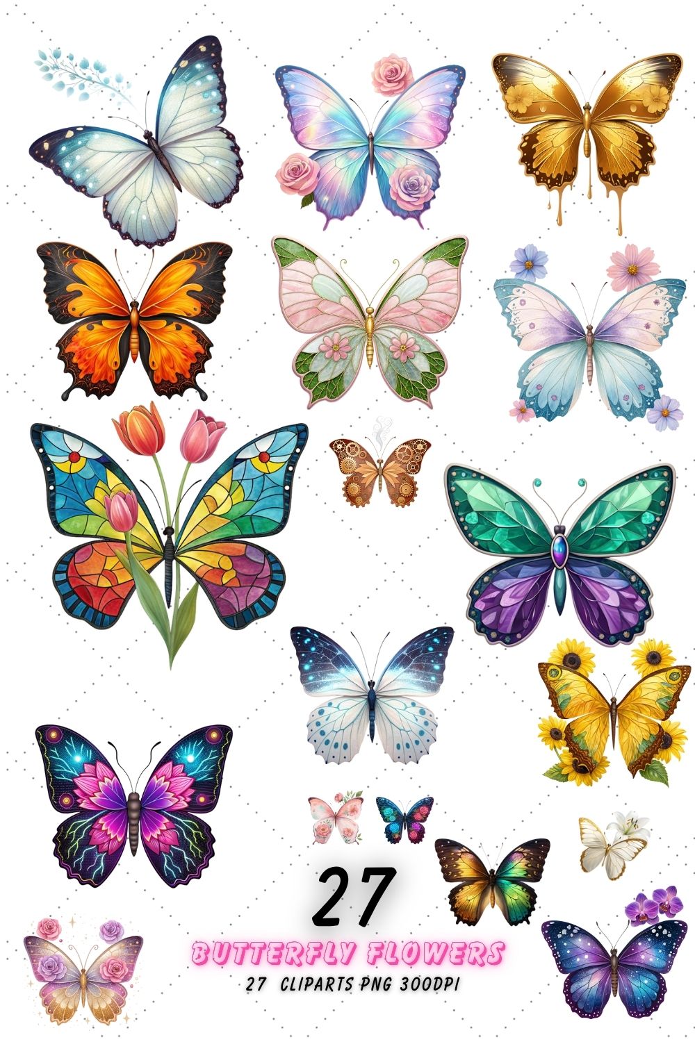 Whimsical Butterfly Garden Watercolor Clipart Bundle pinterest preview image.