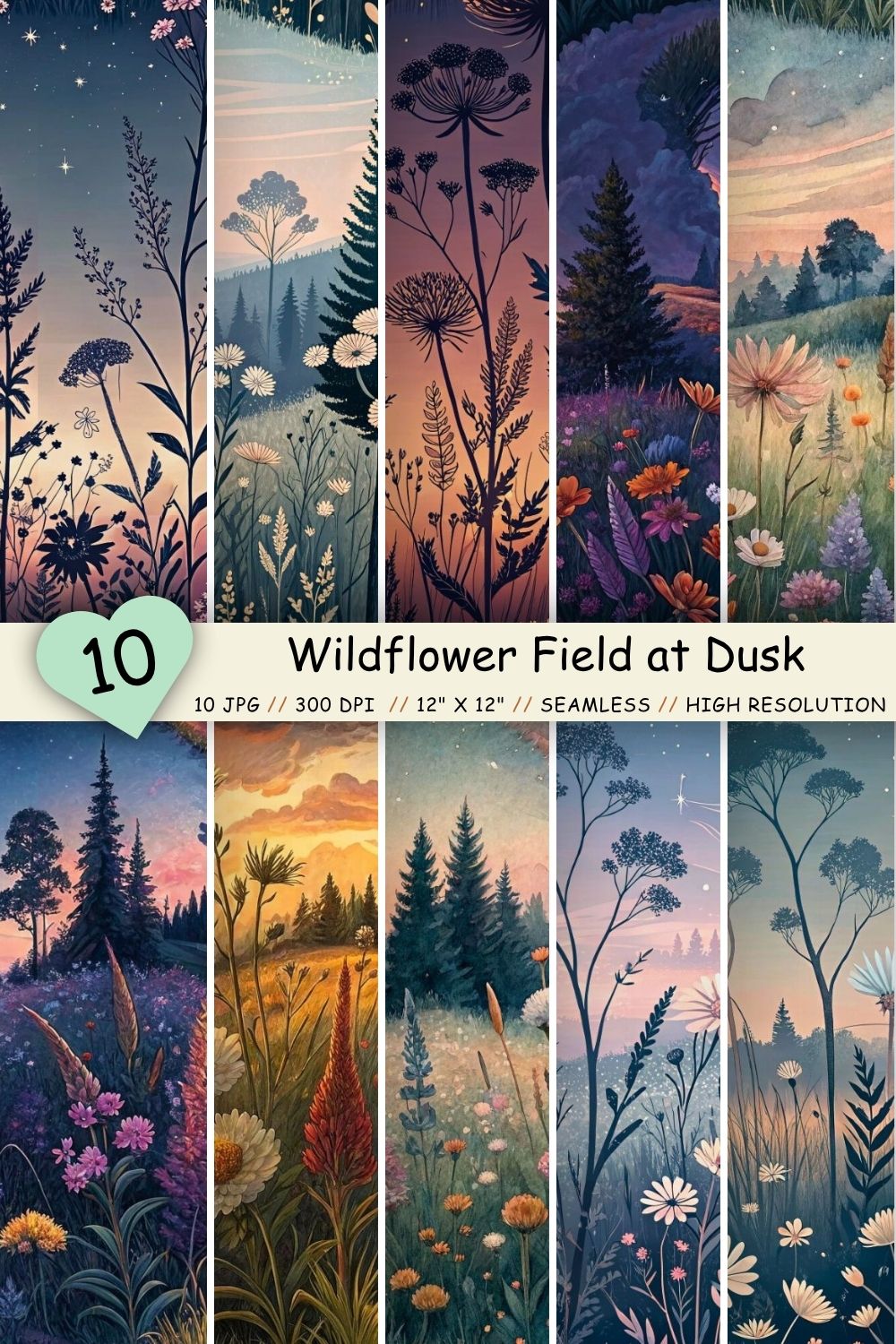 Wildflower Field at Dusk Patterns, Seamless Digital Paper pinterest preview image.