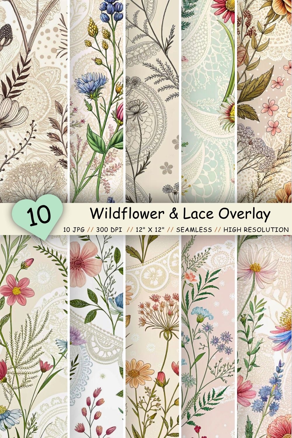 Wildflower & Lace Overlay Patterns – Seamless Digital Paper pinterest preview image.