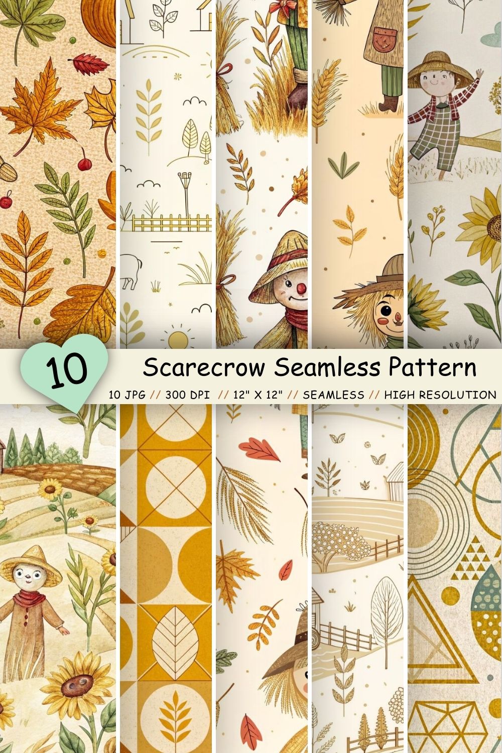 Scarecrow Seamless Pattern - Sunflower Yellow & Burlap Brown pinterest preview image.
