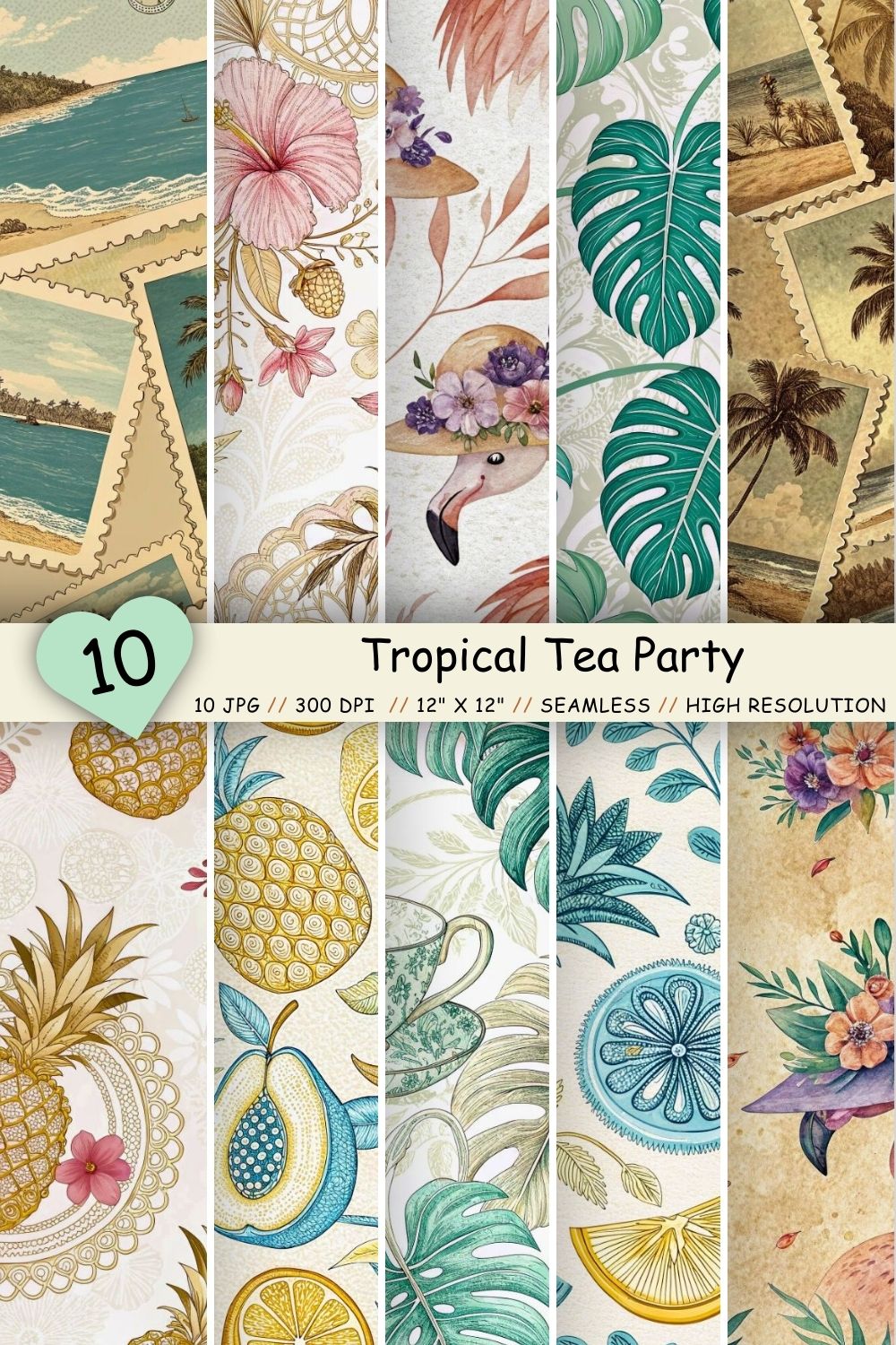 Tropical Tea Party Seamless Pattern – Delicate Hibiscus & Lace pinterest preview image.