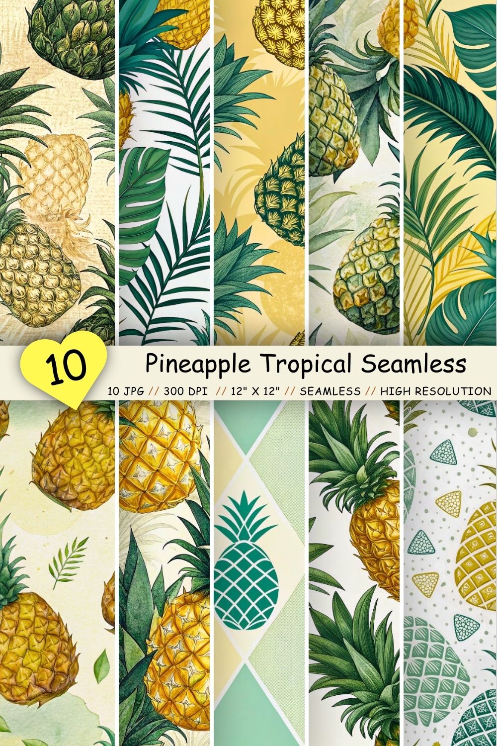 Pineapple Tropical Seamless Pattern – Golden Yellow & Jungle Green pinterest preview image.