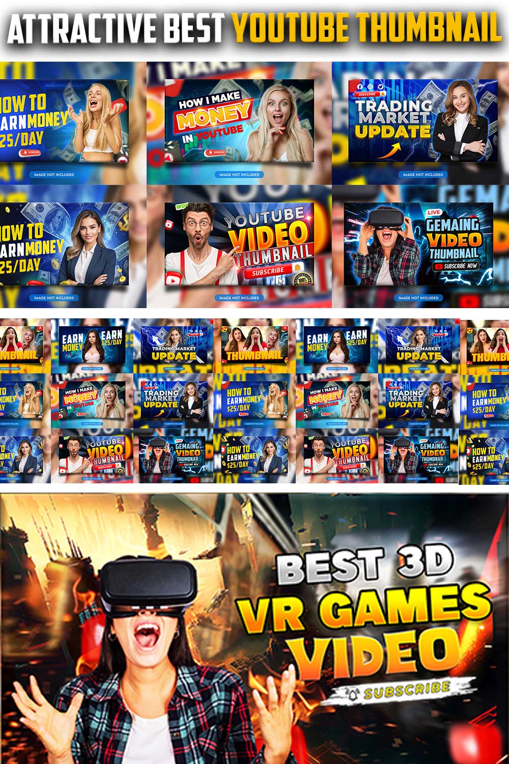 10 PSD Modern glow effect youtube video thumbnail template design fully editable pinterest preview image.