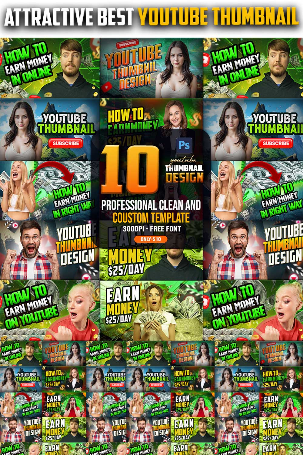 10 PSD Modern glow effect youtube video thumbnail template design fully editable pinterest preview image.