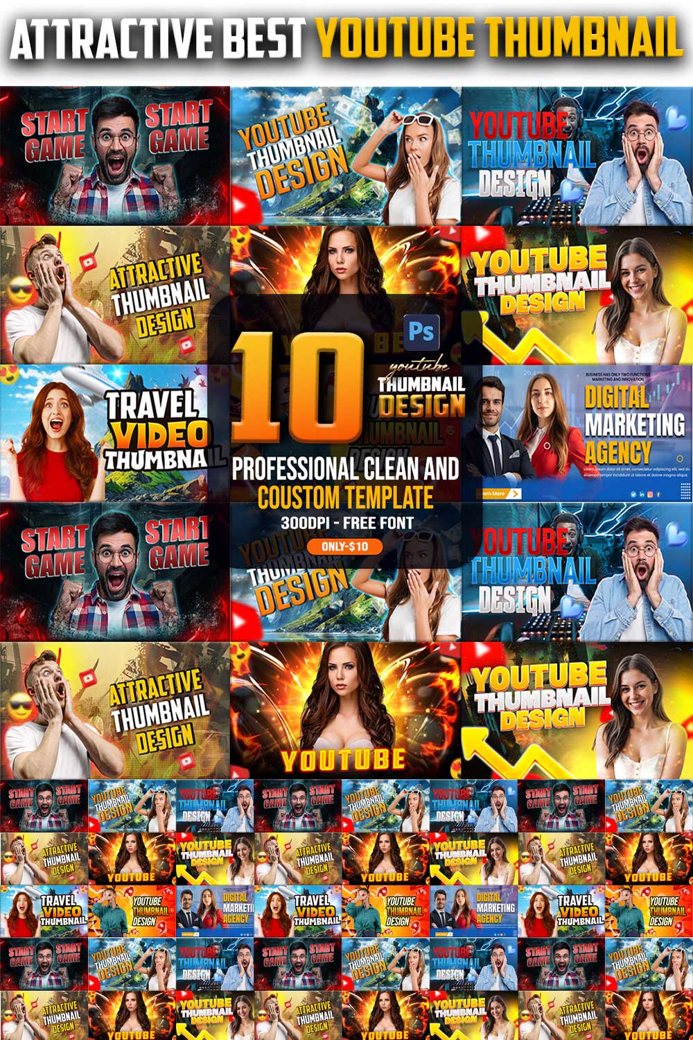 10 PSD Modern glow effect youtube video thumbnail template design fully editable pinterest preview image.