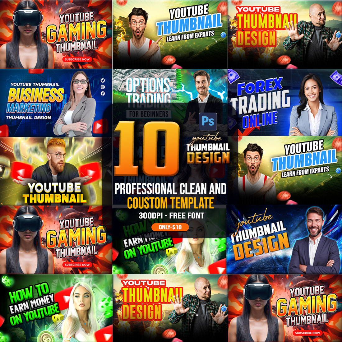 10 PSD Modern glow effect youtube video thumbnail template design fully editable preview image.