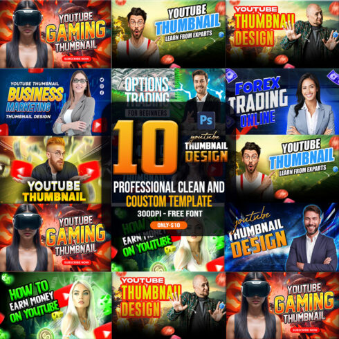10 PSD Modern glow effect youtube video thumbnail template design fully editable cover image.
