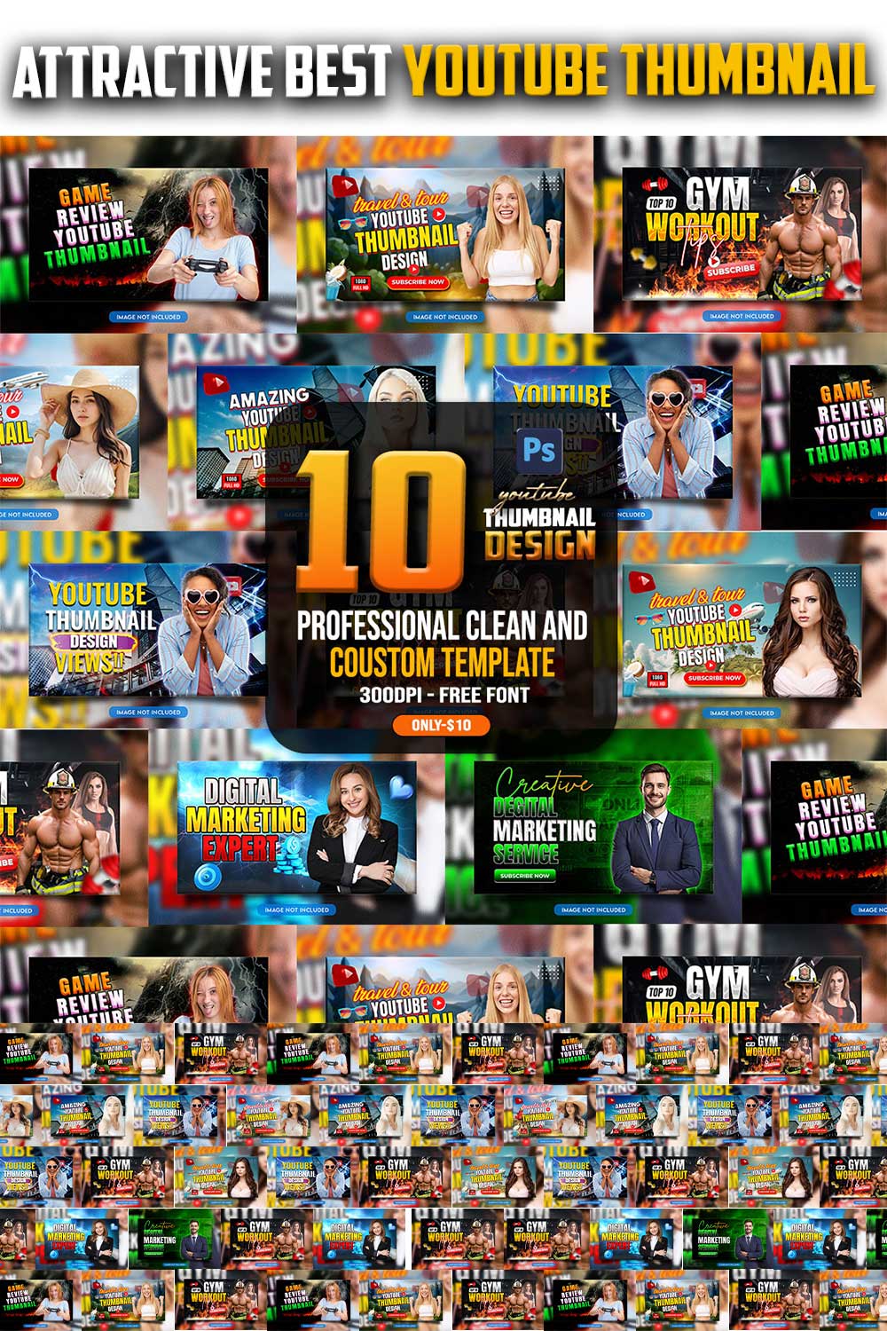 10 PSD Modern glow effect youtube video thumbnail template design fully editable pinterest preview image.