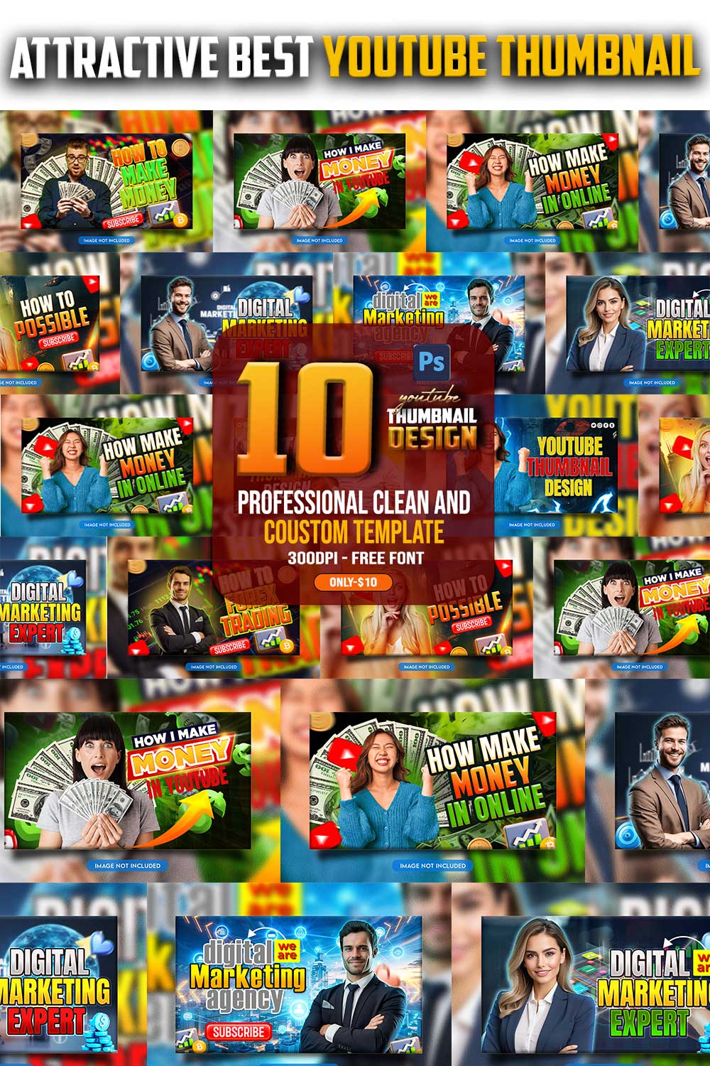 10 PSD Modern glow effect youtube video thumbnail template design fully editable pinterest preview image.