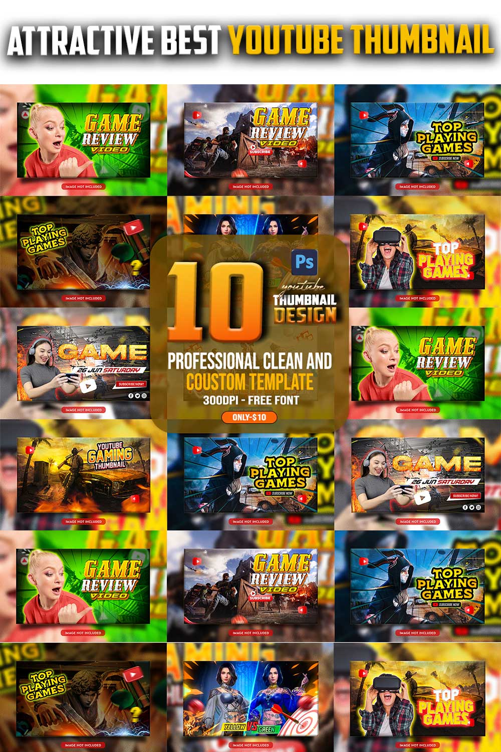 10 PSD Modern glow effect youtube video thumbnail template design fully editable pinterest preview image.