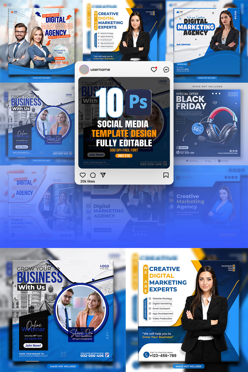 10 social media banner or post template bundles fully editable pinterest preview image.