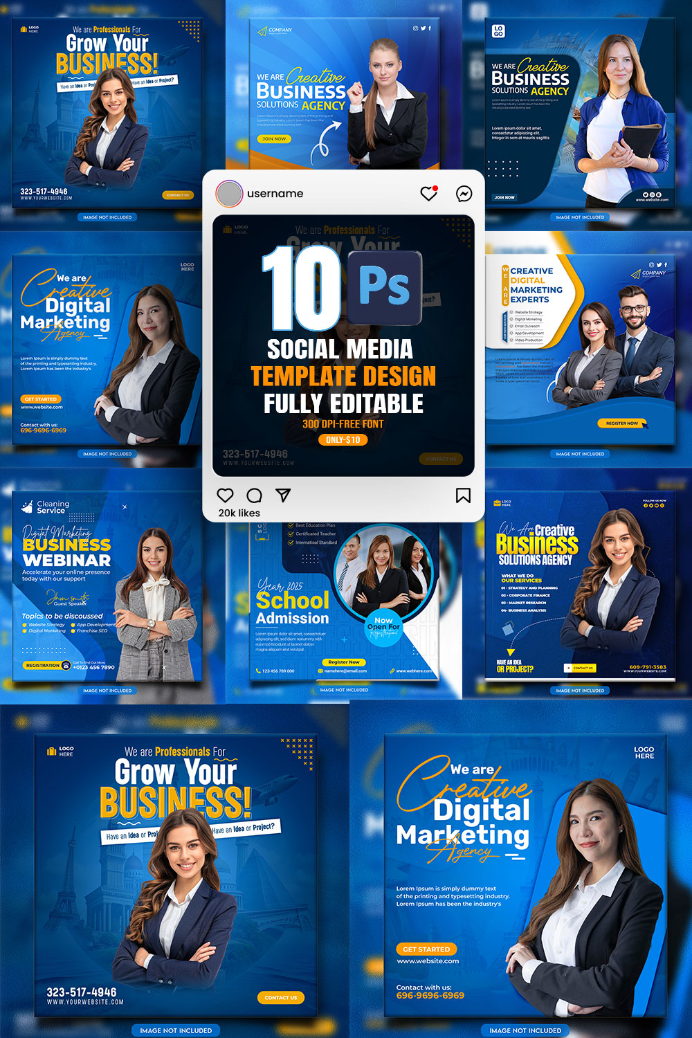 10 social media banner or post template bundles fully editable pinterest preview image.