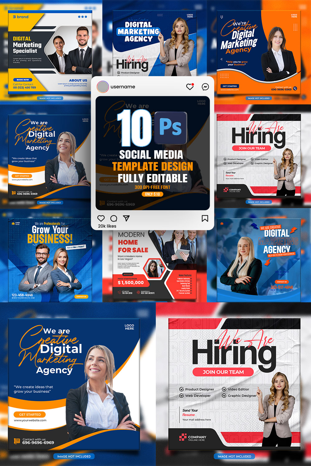 10 social media banner or post template bundles fully editable pinterest preview image.