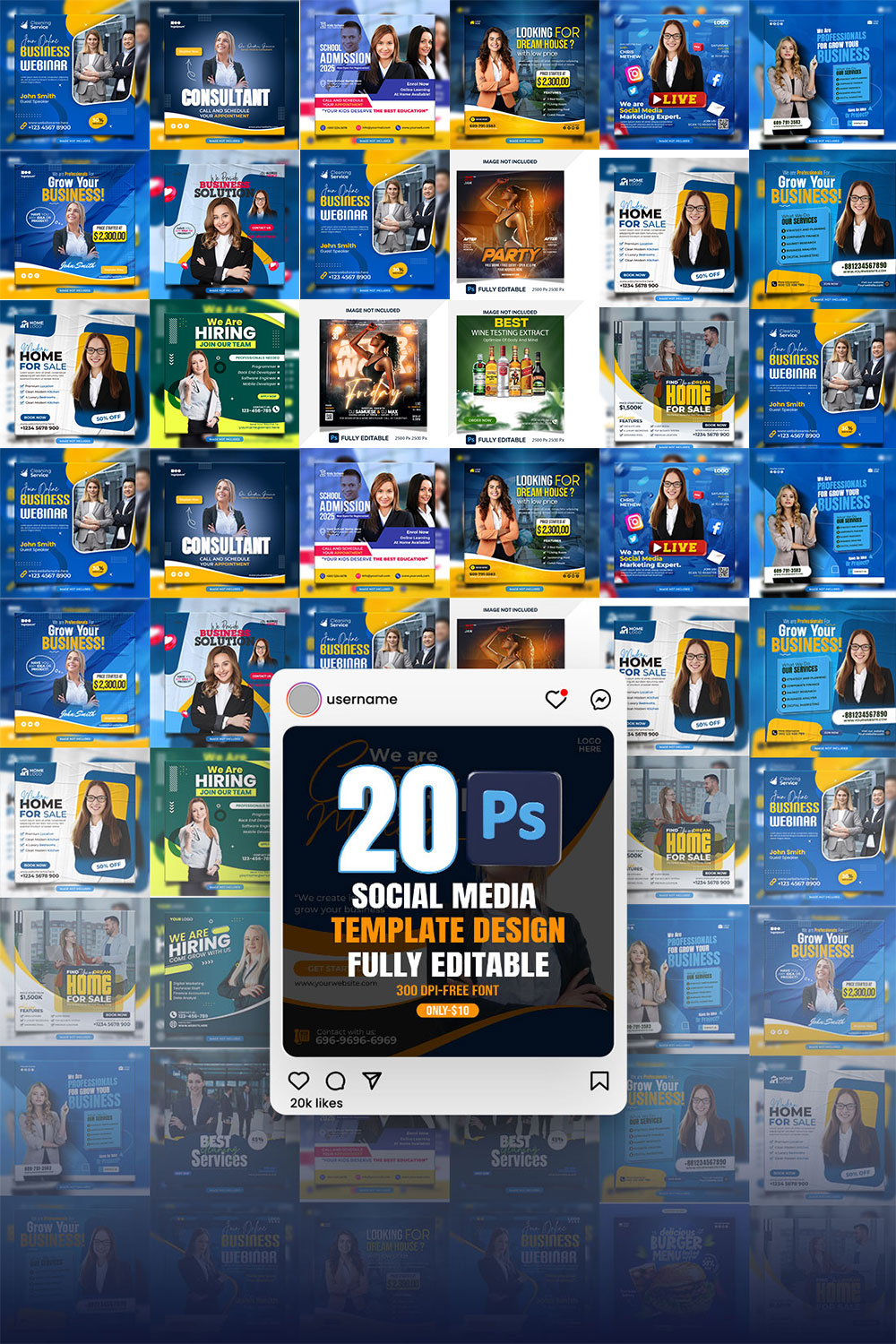 20 PSD social media banner or post template bundles fully editable pinterest preview image.