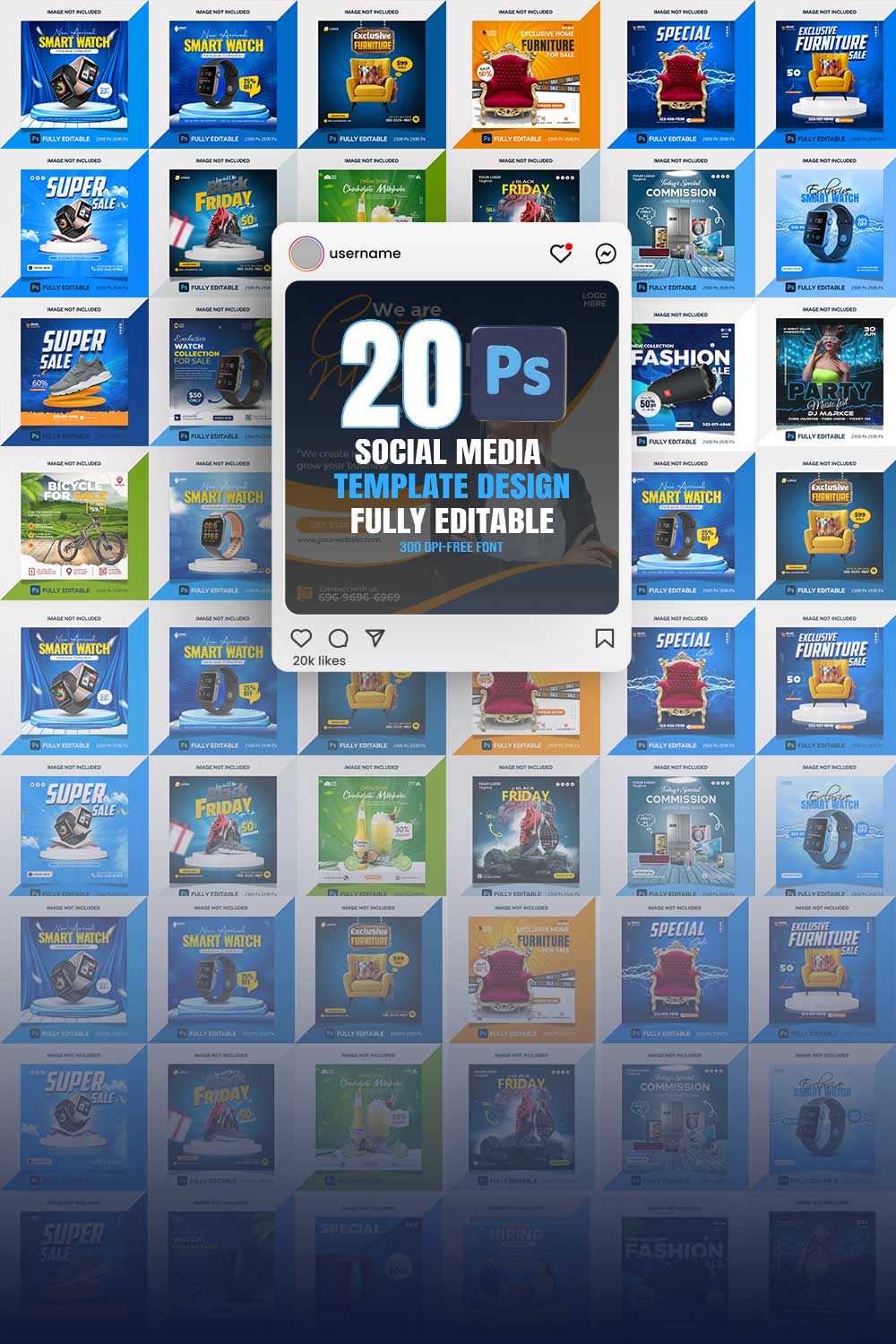 20 PSD social media banner or post template bundles fully editable pinterest preview image.