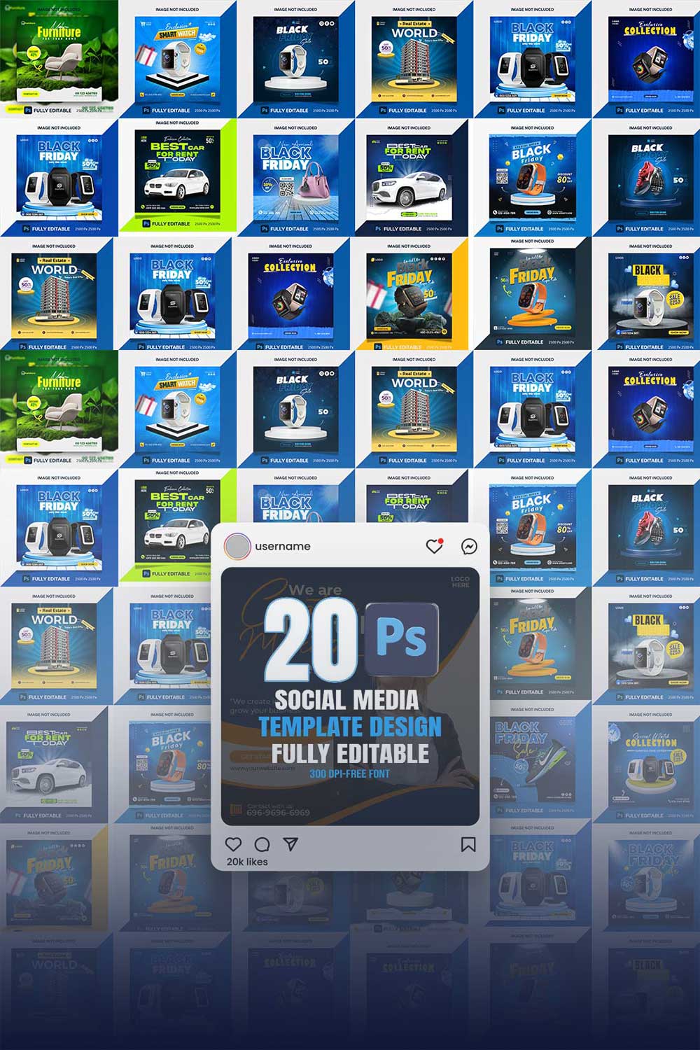 20 PSD social media banner or post template bundles fully editable pinterest preview image.