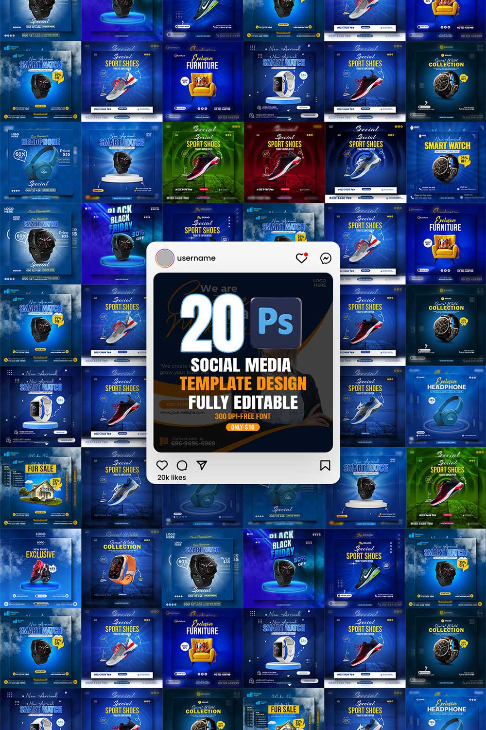 20 PSD social media banner or post template bundles fully editable pinterest preview image.