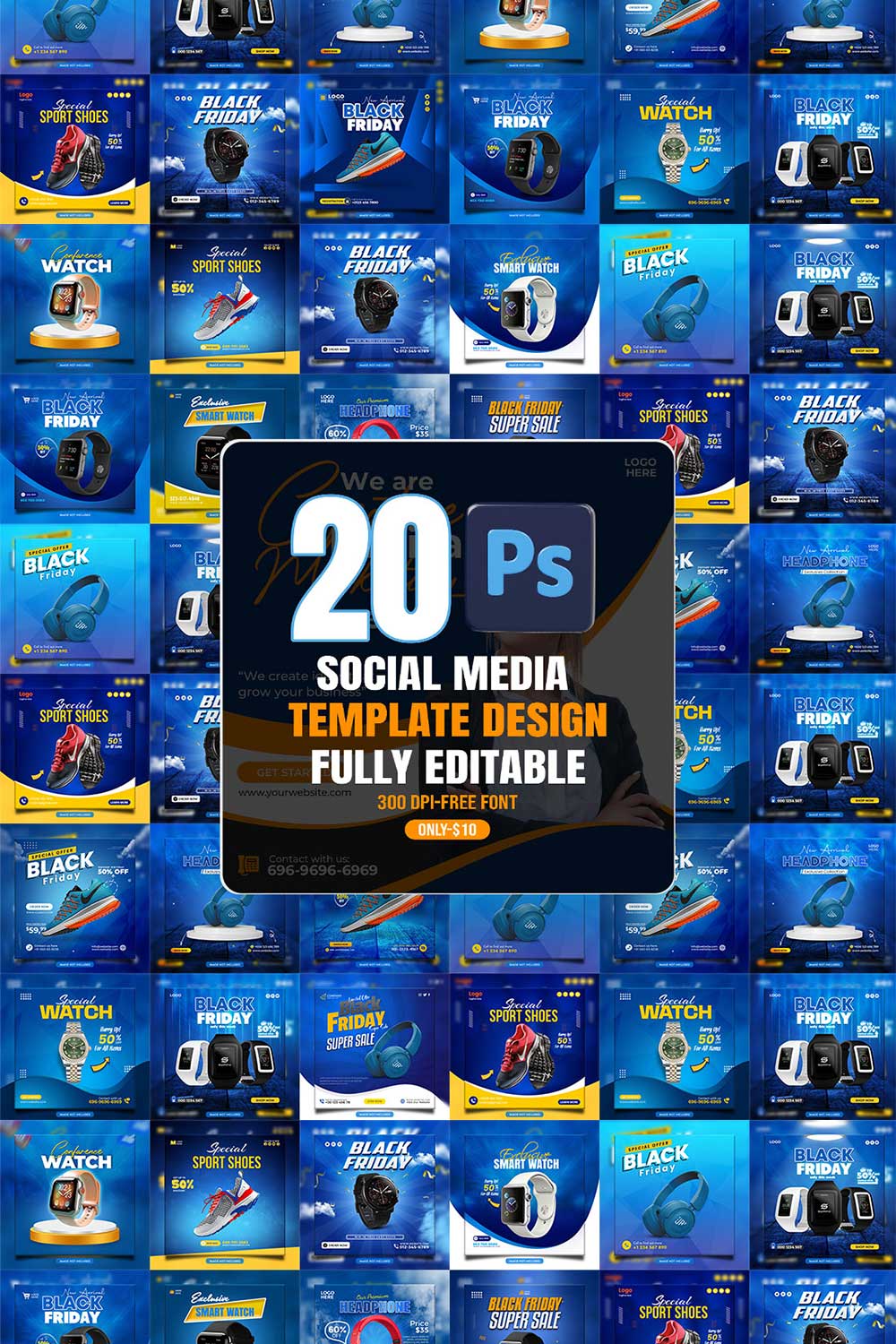 20 PSD social media banner or post template bundles fully editable pinterest preview image.