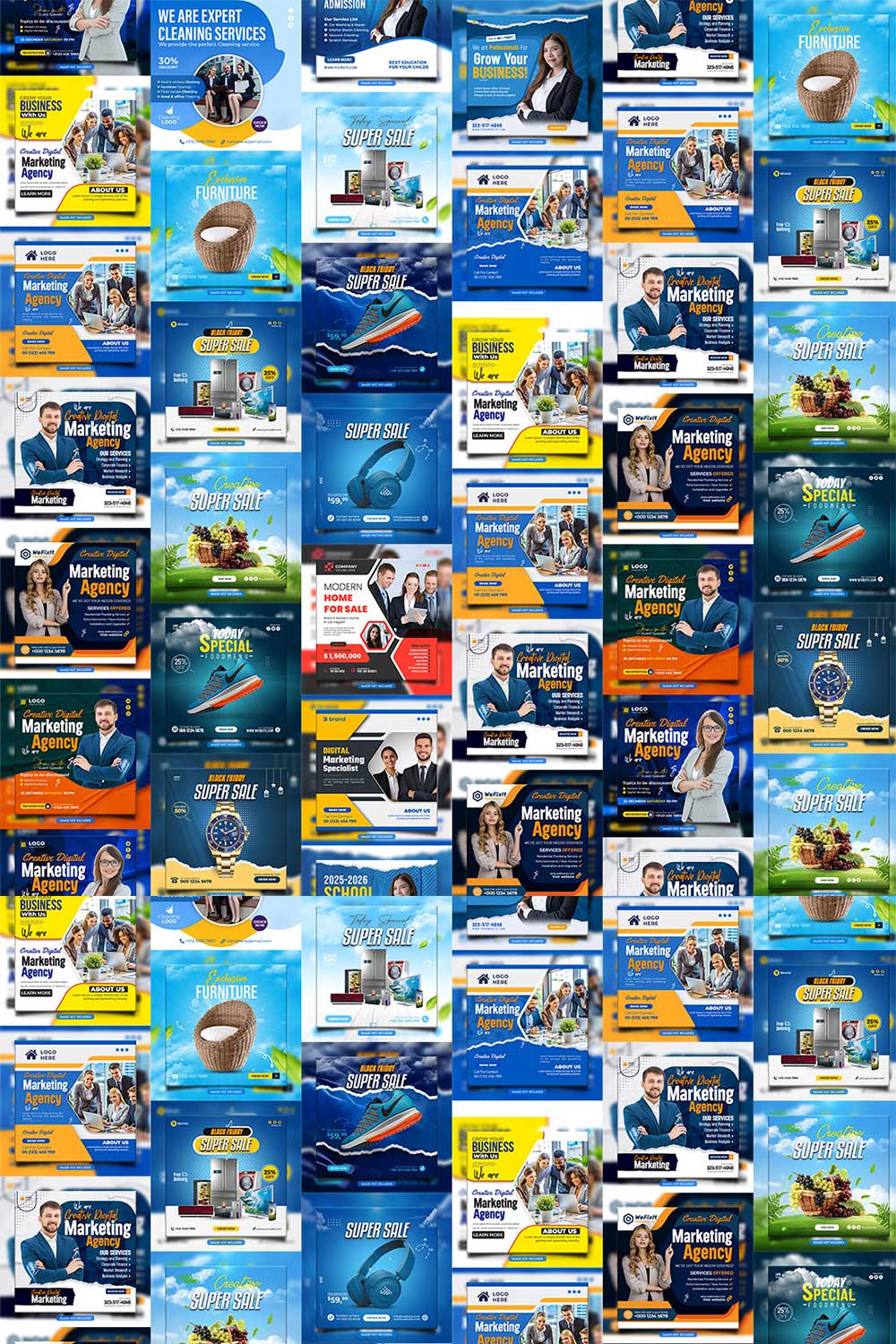 20 PSD social media banner or post template bundles fully editable pinterest preview image.