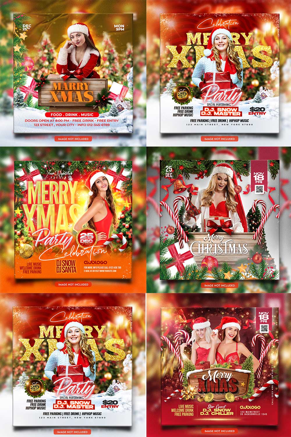 Merry christmas and happy new year night party social media post and Instagram template in Adobe Photoshop pinterest preview image.