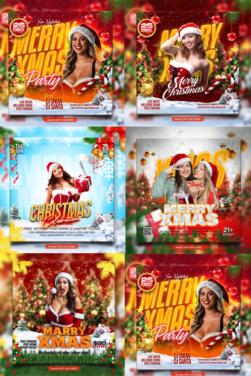 Merry christmas and happy new year night party social media post and Instagram template in Adobe Photoshop pinterest preview image.