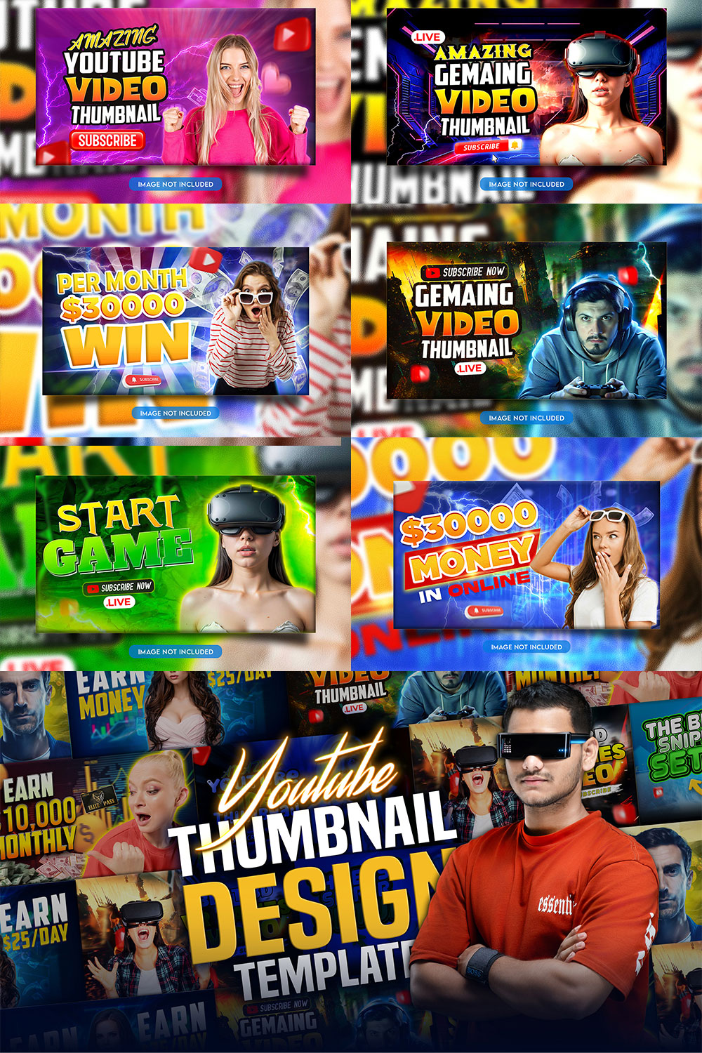 10 PSD Modern glow effect youtube video thumbnail template design fully editable pinterest preview image.