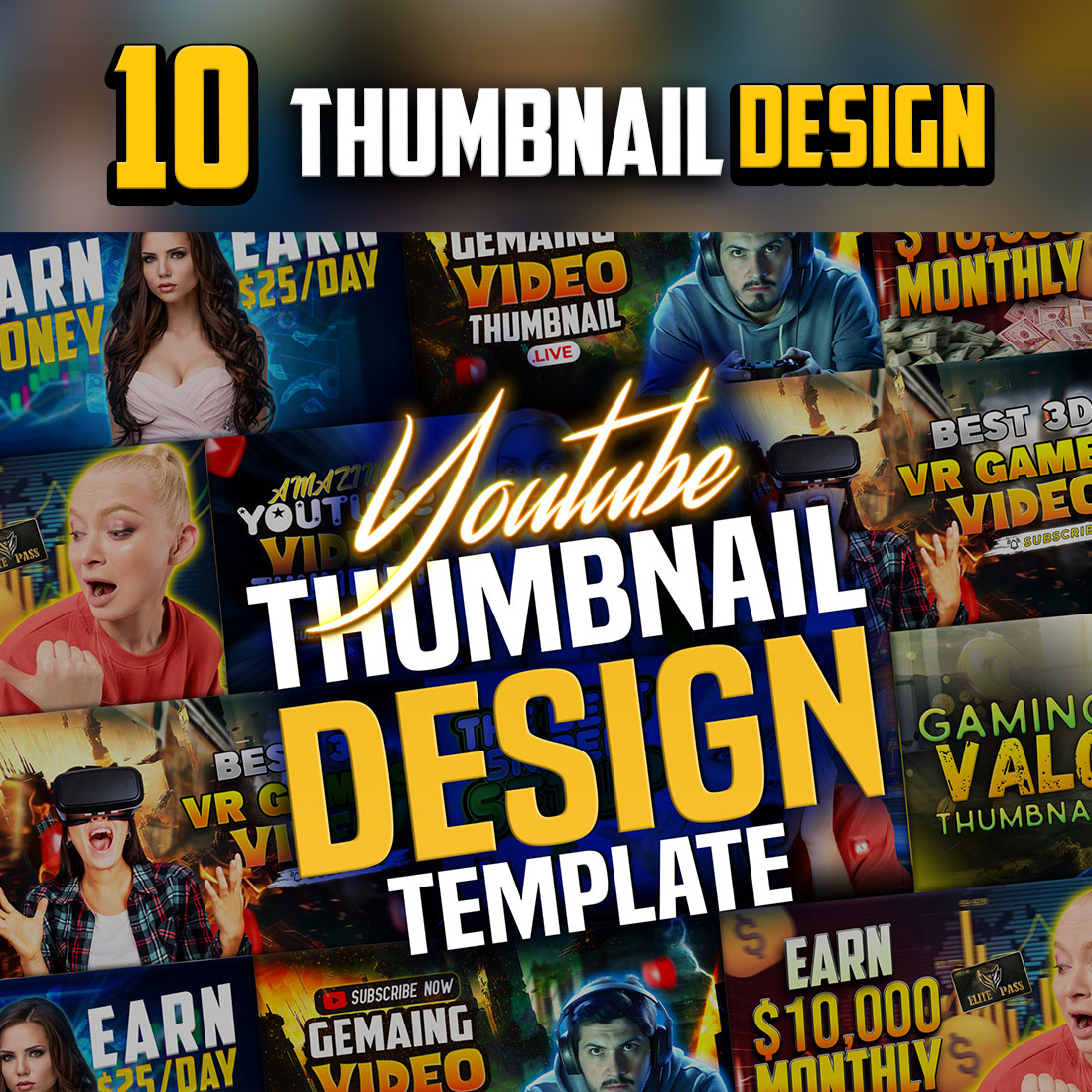 10 PSD Modern glow effect youtube video thumbnail template design fully editable preview image.