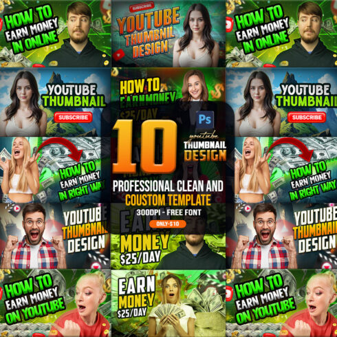 10 PSD Modern glow effect youtube video thumbnail template design fully editable cover image.