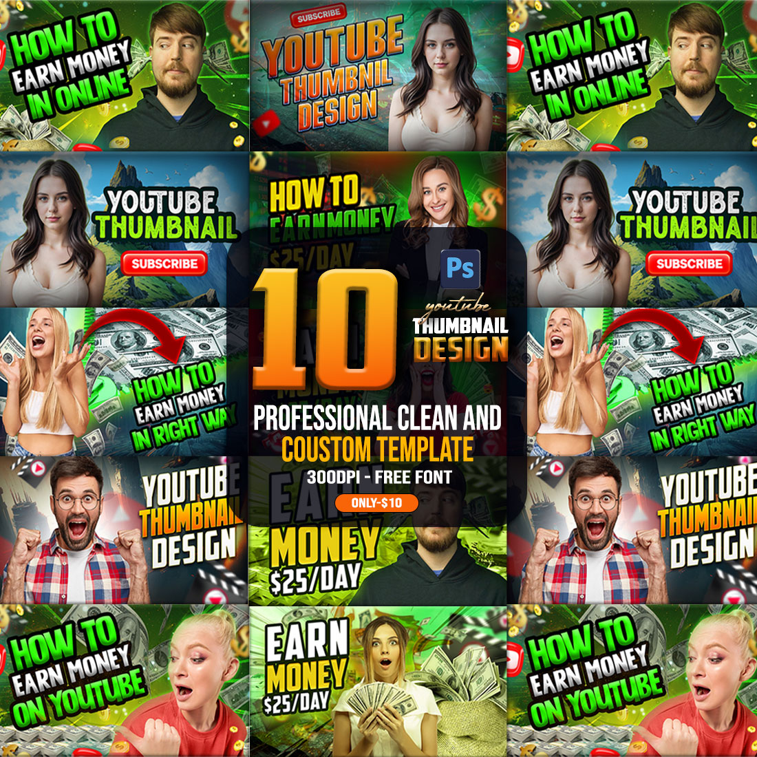 10 PSD Modern glow effect youtube video thumbnail template design fully editable cover image.