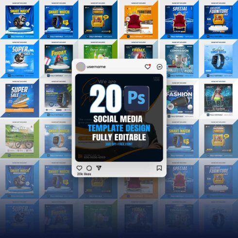20 PSD social media banner or post template bundles fully editable cover image.