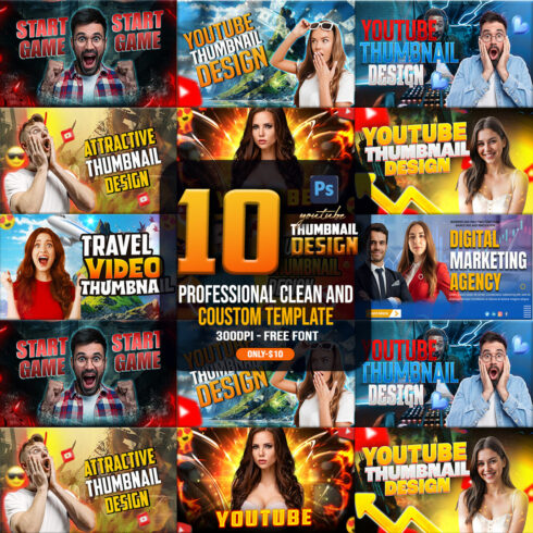 10 PSD Modern glow effect youtube video thumbnail template design fully editable cover image.