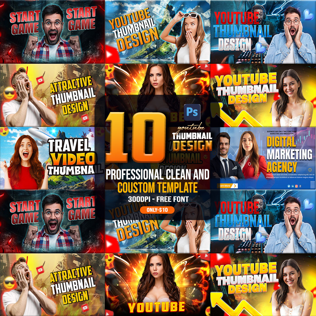 10 PSD Modern glow effect youtube video thumbnail template design fully editable cover image.