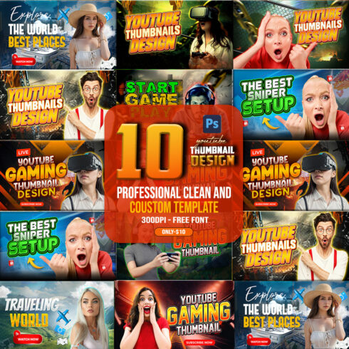10 PSD Modern glow effect youtube video thumbnail template design fully editable cover image.