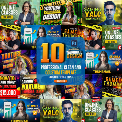 10 PSD Modern glow effect youtube video thumbnail template design fully editable cover image.