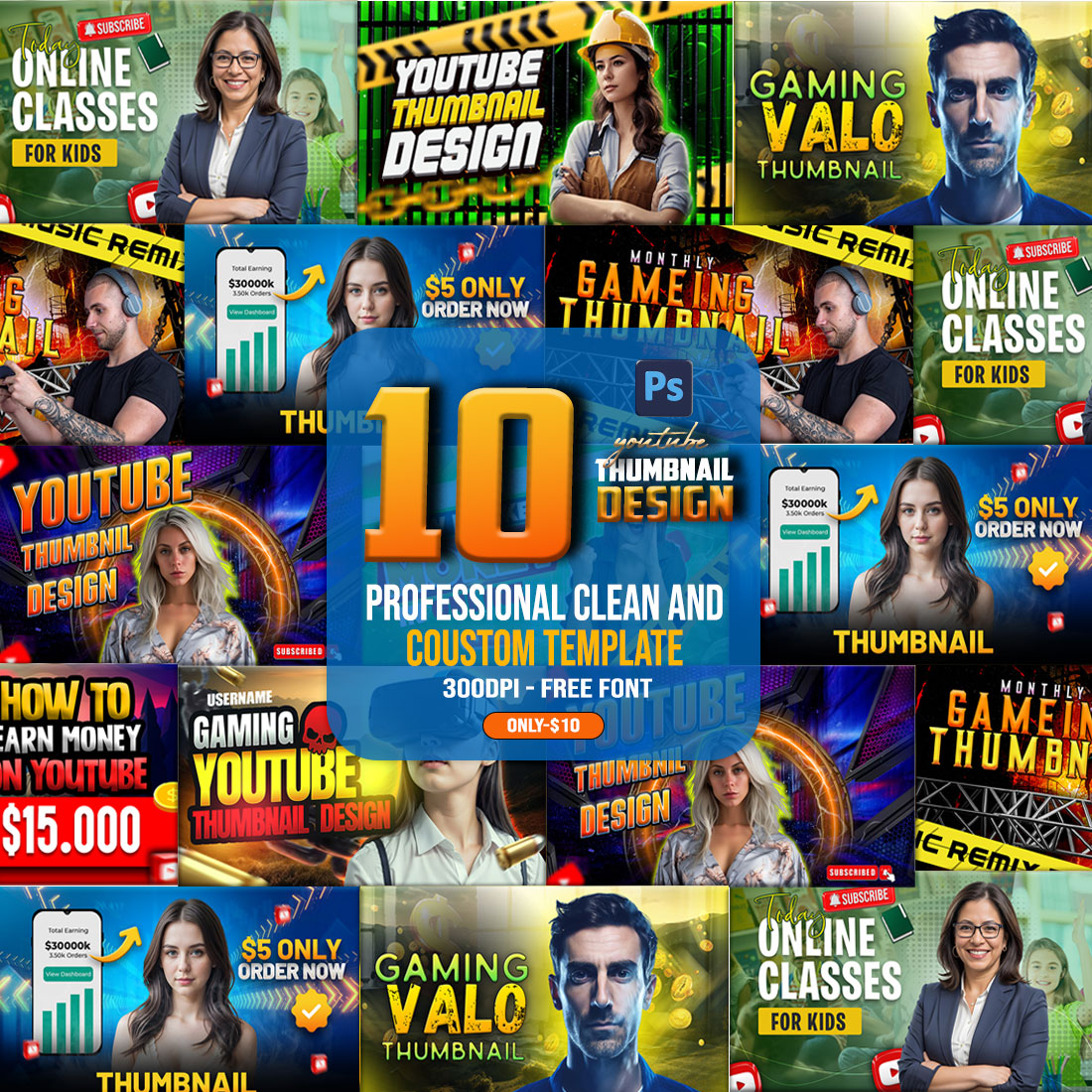 10 PSD Modern glow effect youtube video thumbnail template design fully editable preview image.