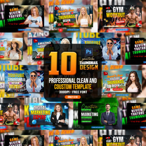 10 PSD Modern glow effect youtube video thumbnail template design fully editable cover image.