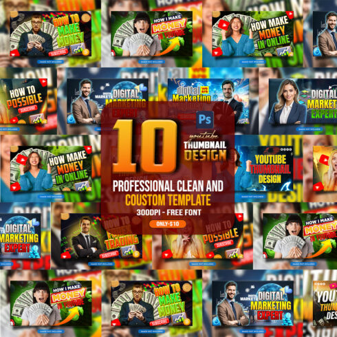 10 PSD Modern glow effect youtube video thumbnail template design fully editable cover image.