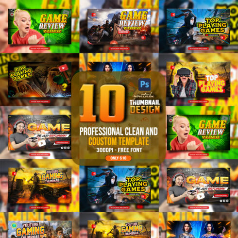 10 PSD Modern glow effect youtube video thumbnail template design fully editable cover image.