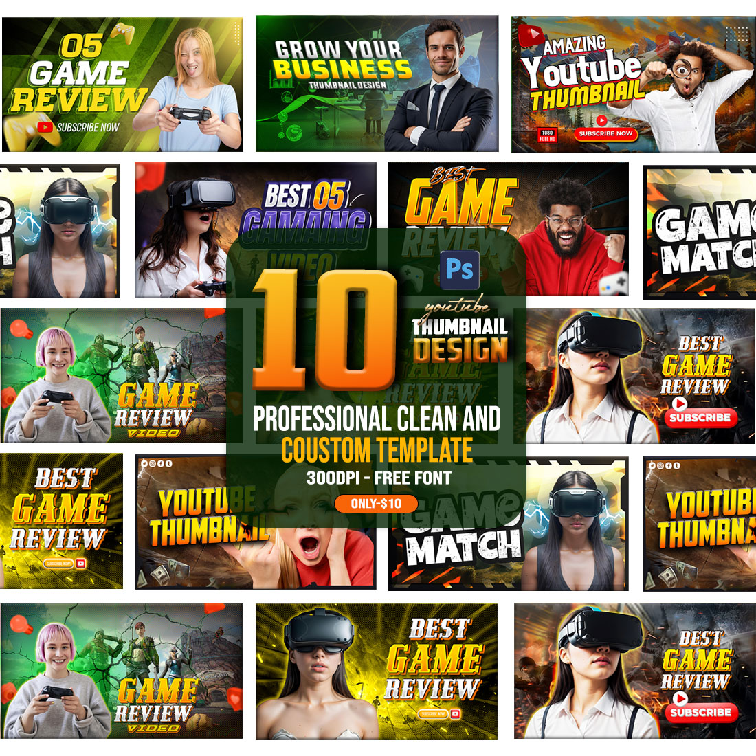 10 PSD Modern glow effect youtube video thumbnail template design fully editable preview image.