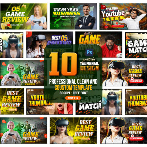 10 PSD Modern glow effect youtube video thumbnail template design fully editable cover image.