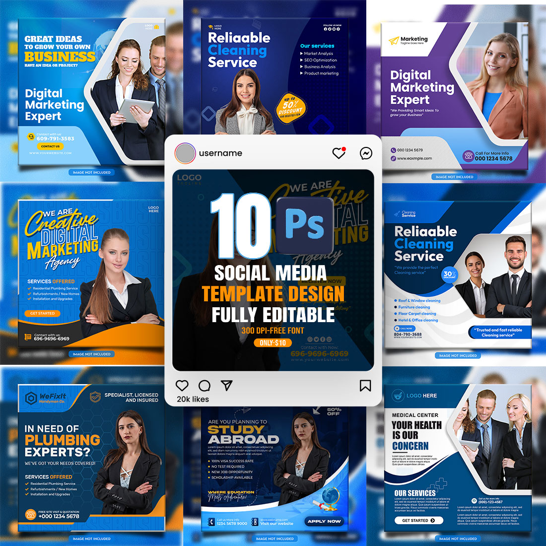 10 social media banner or post template bundles fully editable cover image.