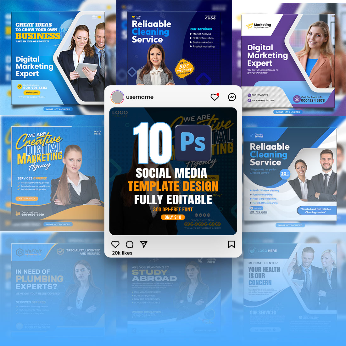 10 social media banner or post template bundles fully editable preview image.