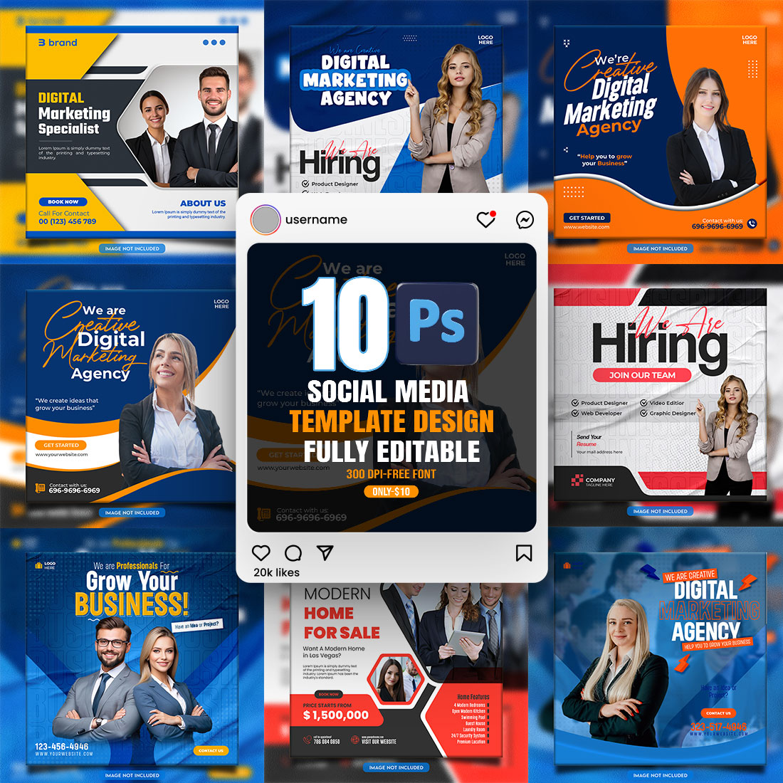 10 social media banner or post template bundles fully editable preview image.