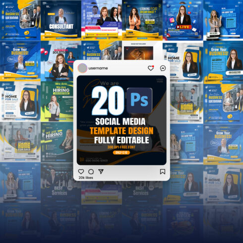 20 PSD social media banner or post template bundles fully editable cover image.