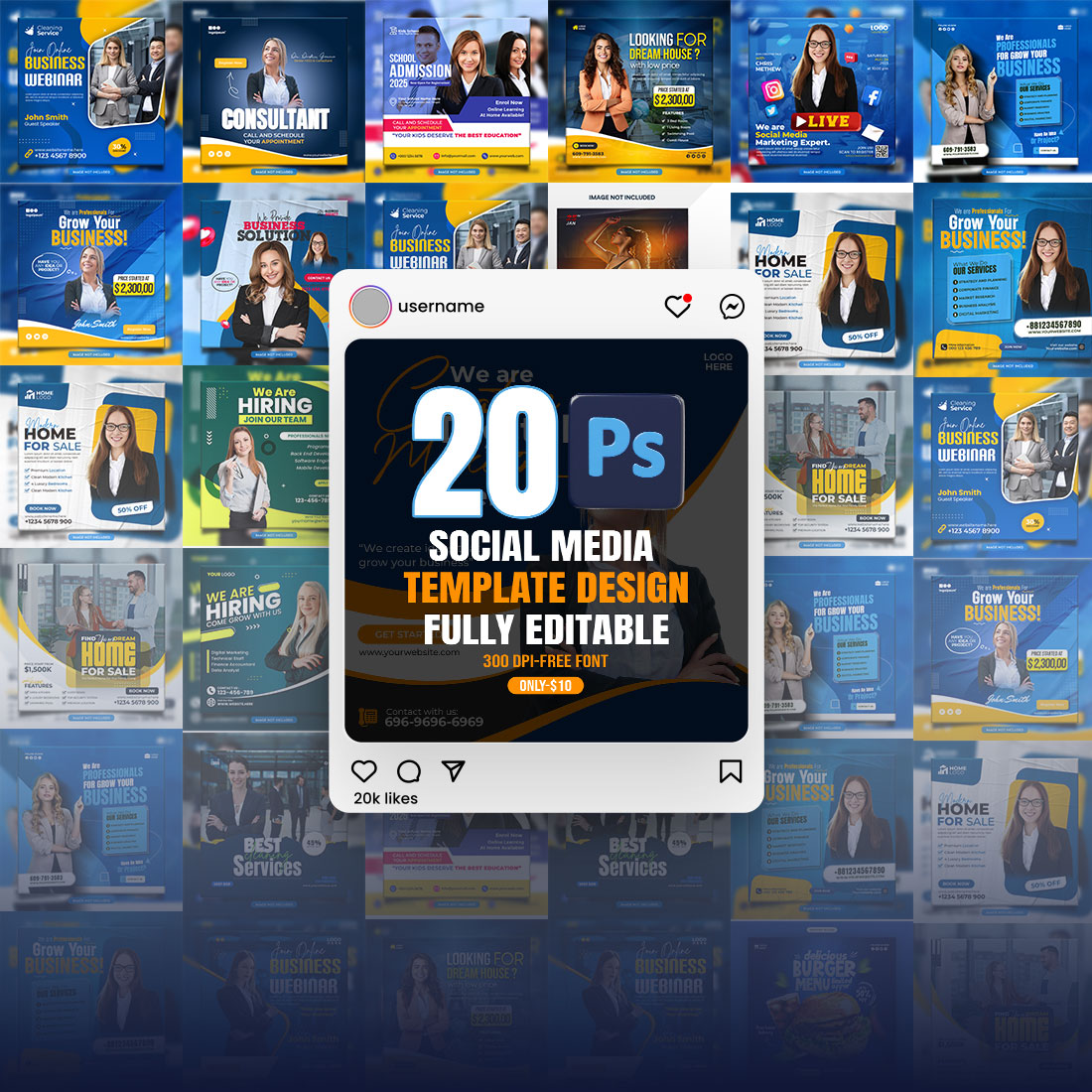 20 PSD social media banner or post template bundles fully editable cover image.
