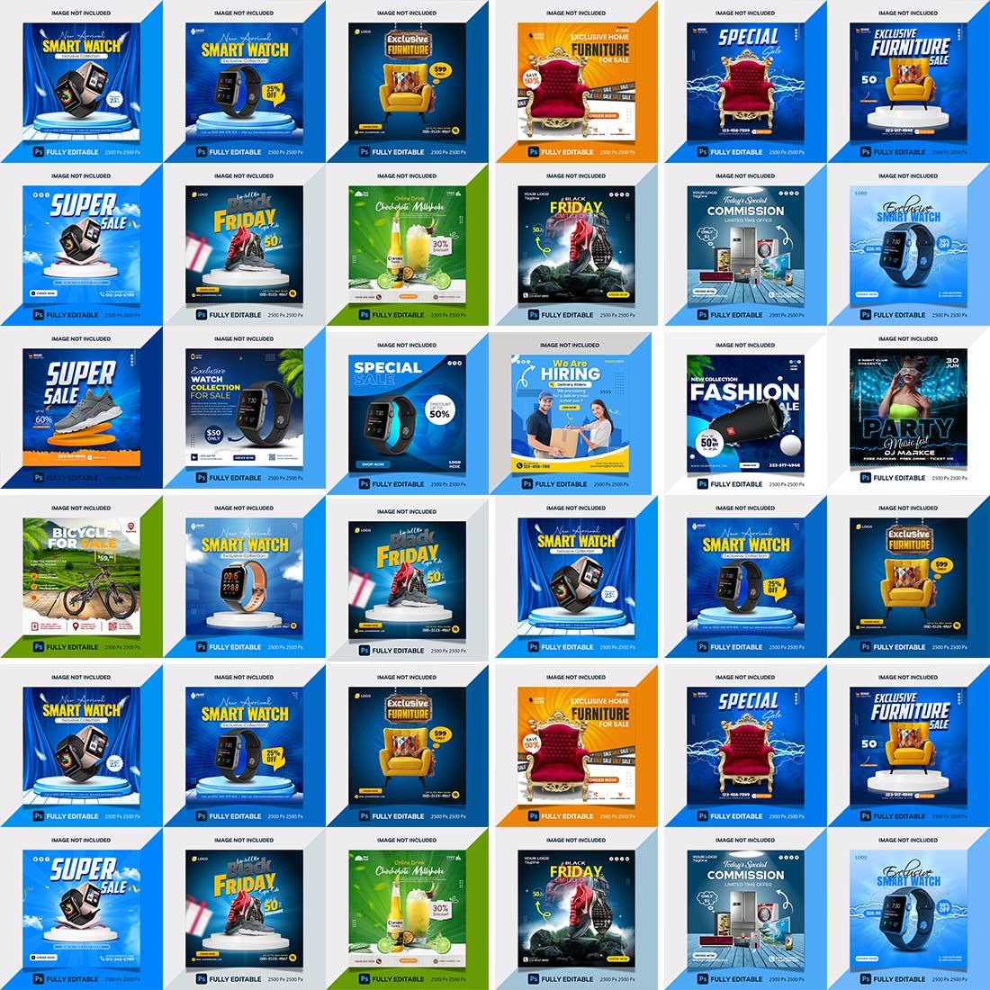 20 PSD social media banner or post template bundles fully editable preview image.