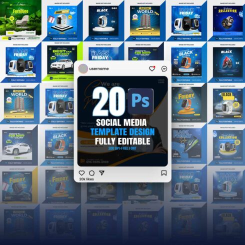 20 PSD social media banner or post template bundles fully editable cover image.