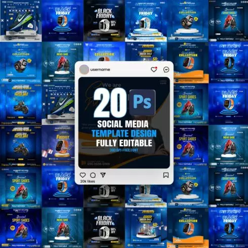 20 PSD social media banner or post template bundles fully editable cover image.